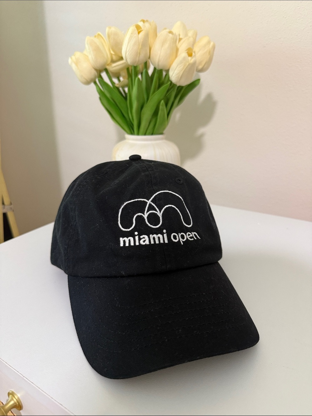 Black Cap with White Embroidered Miami Open Logo